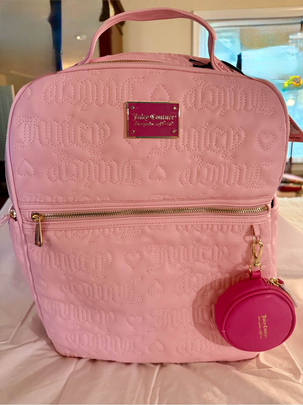 Juicy Couture Light Pink Quilted Backpack with Hot Pink Coin Pouch NWT